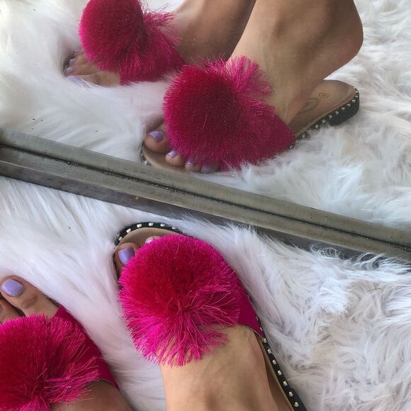 Restocked! Best Seller Fuchsia Pom Stud Slide-In Mule Sandal - Picture 4 of 6